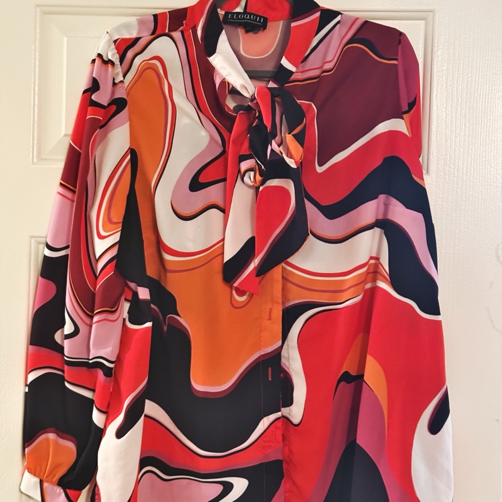 Eloquii Multicolor Swirl Tie-Neck Blouse